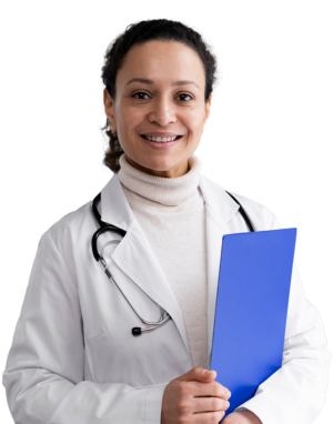 Young woman with curly hair tied in a bun wearing a white nurse's coat over a white turtleneck with a stethoscope hanging around her neck holding a blue clipboard with her left arm