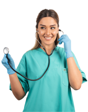 Young woman with light brown hair wearing aquamarine scrubs wearing a stethoscope on her ears and holding it with her right hand while both of her hands are gloved