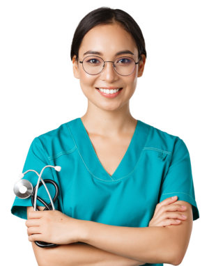 Young woman with black hair and round black rimmed glasses wearing aquamarine scrubs holding a stethoscope with her left hand while crossing both arms
