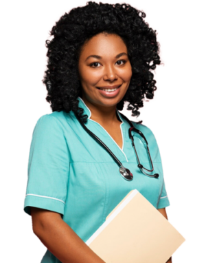 Female nurse with curly hair smiling wearing a stethoscope and a teal shirt holding a manila folder containing documents