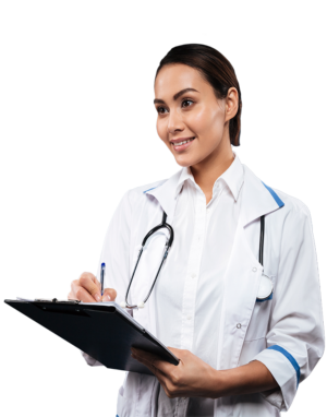 Young female adult in a white nurse's coat with a stethoscope hanging on her neck holding a black clipboard with her left hand and writing with a pen on her right hand