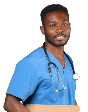 Young man with short black hair and short beard and mustache wearing a blue scrubs with a stethoscope hanging around their neck holding a manilla folder on their right hand