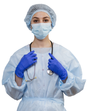Woman wearing a hair cap and a blue face mask, and light blue scrubs with a stethoscope hanging around her neck being held by her gloved hands