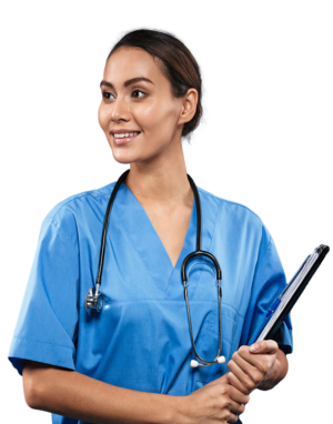 Young woman with short brown hair wearing blue scrubs with a stethoscope hanging around her neck holding a clipboard with her left arm