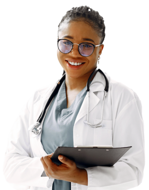 Young woman wearing cornrows and round black rimmed glasses with a white nurse's coat over gray scrubs with a stethoscope hanging around her neck holding a black clipboard with her left arm