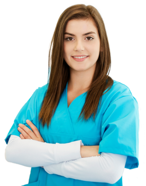 Young woman with long brown hair wearing blue scrubs over a white shirt crossing her arms