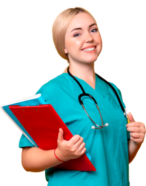 Young woman with blonde hair wearing aquamarine scrubs and a stethoscope around her neck holding a red folder and a blue notebook with her right arm