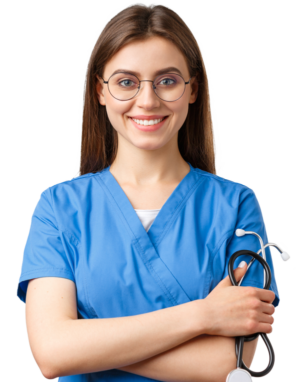 woman with brown hair wearing round black rimmed glasses and blue scrubs over a white shirt holding a stethoscope with her right hand while crossing her arms