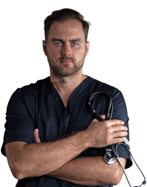 Man with short hair wearing black scrubs holding a stethoscope with his right hand while crossing both of his arms