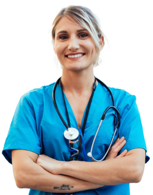 woman with blonde hair wearing blue scrubs with a stethoscope hanging around her neck crossing her arms