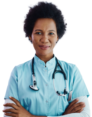 Woman with short curly hair wearing a light blue coat with a stethoscope aruond her neck crossing her arms