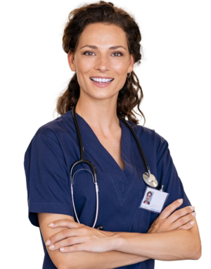 woman with brown hair wearing dark blue scrubs and a small id card clipped onto the top of the shirt, a stethoscope around her neck while crossing her arms