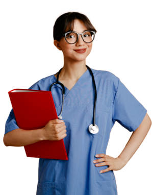 Woman with brown hair wearing black rimmed glasses and blue scrubs with a stethoscope around her neck holding a red binder with her right arm and her left hand is on her left hip